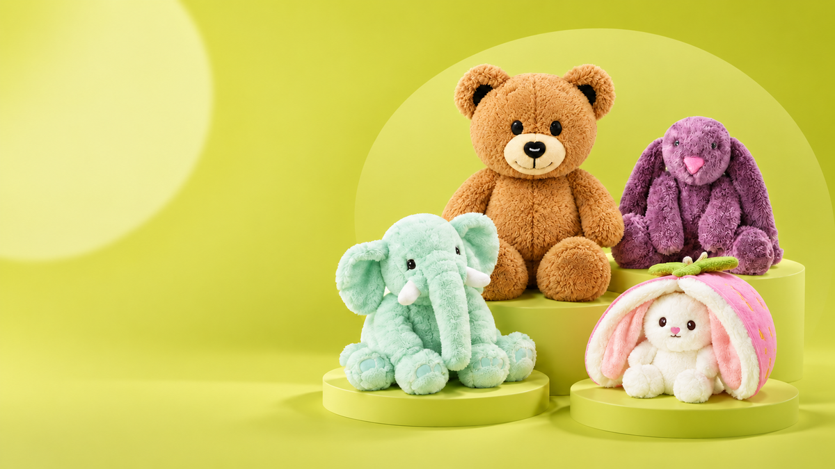 Pababo Kuschelfreunde: Teddybär, Häschen, Elefant und Erdbeerhase auf gelbgrünen Podesten