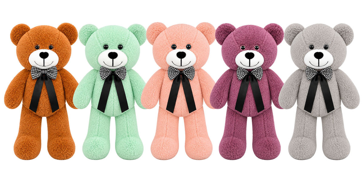 Pababo Teddybären mit Schleife – 50 cm, in Dunkelbraun, Aquagrün, Rose, Dunkelviolett und Grau nebeneinander