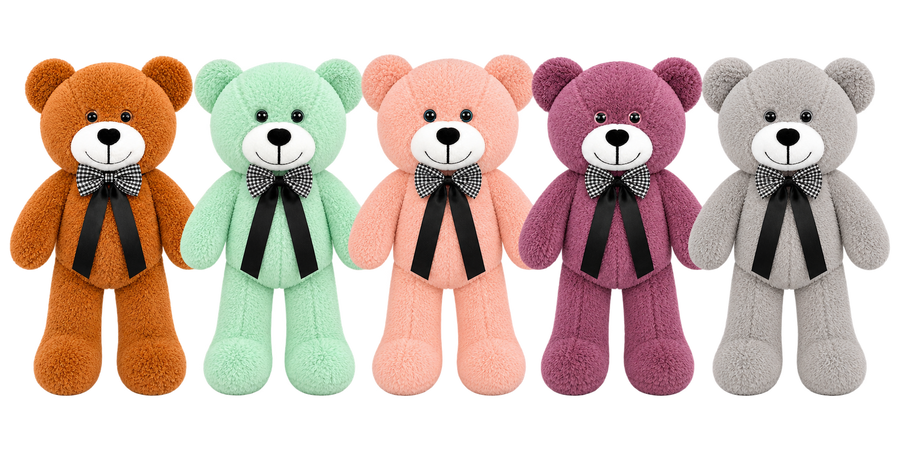 Pababo Teddybären mit Schleife – 50 cm, in Dunkelbraun, Aquagrün, Rose, Dunkelviolett und Grau nebeneinander